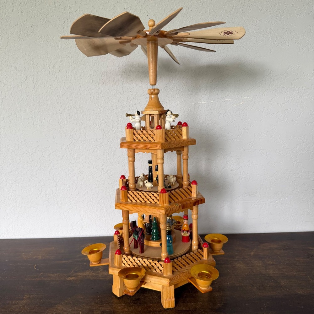 German 3-Tier Christmas Nativity Carousel Candle Wooden Movement Blades Pyramid